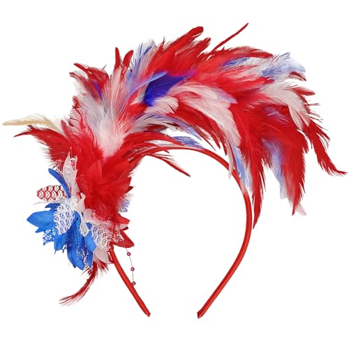 MWOOT Feder Haarschmuck Haarreif, 1920er Fascinator Kopfschmuck für Damen, Rot Weiß Blau Feder 20er Jahre Stirnband mit Künstlichen Blumen für Karneval Cocktail Hochzeit Tee-Party Accessoires von MWOOT