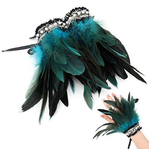 MWOOT 1 Paar Manschetten Federn, Blaue Feather Bracelet, Damen Kostüme Manschetten, Frauen Kostümzubehör Federarmband für Faschingsball, Karneval Armbänder Maskeraden Zubehör zum Cosplay Spiel Party von MWOOT