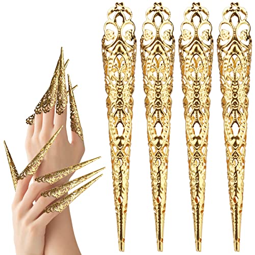 Mwoot 10 Stück Halloween Gefälschte Nägel Gold Fake Nail Antike Königin Kostüm Cosplay Finger-Nagelspitzen-Ringe Finger Nail Tip Claw Rings Fingernail Rings Claw Fingernagelklauenring für Damen Frauen von MWOOT