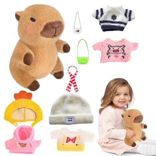 MWZBTG Capybara Plüsch Mit Kleidung, 23cm Gefülltes Capybara-Plüschtier-Anziehspielzeug, Anzieh-Capybara-Plüschkleidung, Capybara-Plüschtier Mit Kleidungsstücken Und Accessoires von MWZBTG