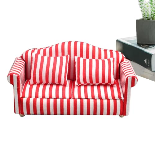 MWZBTG Puppenhaus-Couch Mit Kissen, Miniatur-Sofa-Sessel-Spielzeug Im Maßstab 1:12, Rot-weiß Gestreifter Miniatur-Sofa-Sessel Aus Holzstoff, Miniatur-Puppenhaus-Couch-Sofa von MWZBTG