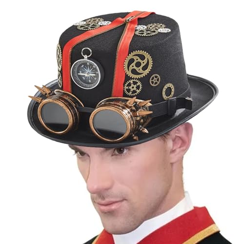 MWZBTG Steampunk Zylinder Hut Mit Brille, Gothic Vintage Kostüm Kopfbedeckung Steampunk Accessoires, Hut Zylinder Steampunk, Steampunk-Zylinder Für Männer, 56-58cm von MWZBTG