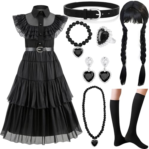 MWZEAUL Halloween Kostüm für Mädchen,8 teiliges Halloween Kinder Costume Kleid mit Perücke Schmuck Accessoires,Kostüm Prinzessin Kinder Gothic Outfit Geburtstag Halloween Karneval Fasching Cosplay,140 von MWZEAUL