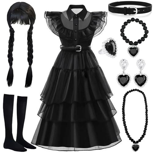 MWZEAUL Halloween Kostüm für Kinder, Halloween Kleid Mädchen Wed Kostüm mit Perücke, Cosplay Outfit Gothic Prinzessin Kostüme, Schwarz Kleid für Halloween, Karneval, Fasching, Geburtstag, 4-5 Jahren von MWZEAUL