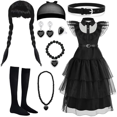 MWZEAUL Wed-Kostüm für Mädchen, Halloween Kostüm Mädchen Kinder mit Perücke Schmuck Accessoires, Schwarz Kleid Kinder Prinzessin Kostüm für Karneval Halloween Fasching Geburtstag Cosplay, 140 cm von MWZEAUL