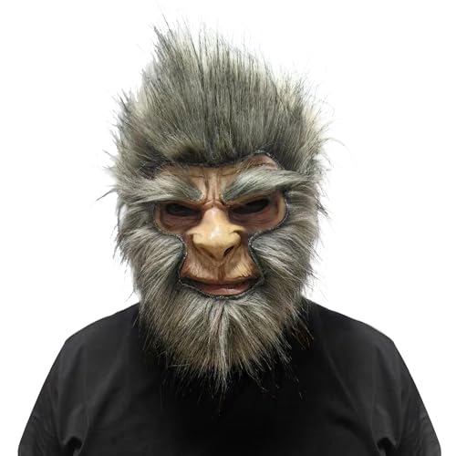 Affenkönig Maske, Wukong Latexmaske, Affenkönig Tiermaske für Halloween, Tiermaske Kopfbedeckung mit Haaren, Halbes Seitengummi, Halloween Maske Affenmaske Spiel Requisiten Cosplay von MXJFYY