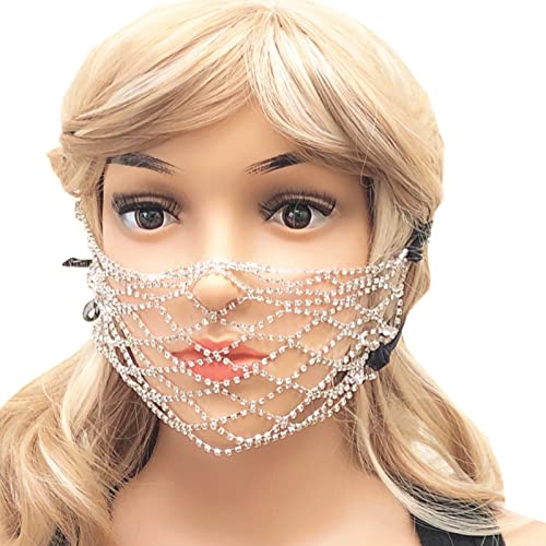 MXMZSRTH Ballmaske Damen-Fischerei-Mesh-Diamant-Strass-Maske mit personalisiertem Revers-Schmuck(Silver) von MXMZSRTH