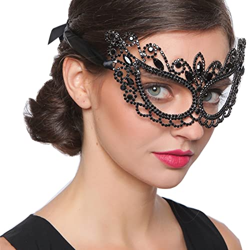 MXMZSRTH Ballmaske Superglänzender schwarzer Strass-Masken-Frauen-Schönheitswettbewerb-Schwarz-Edelstein-Masken-Schmuck von MXMZSRTH