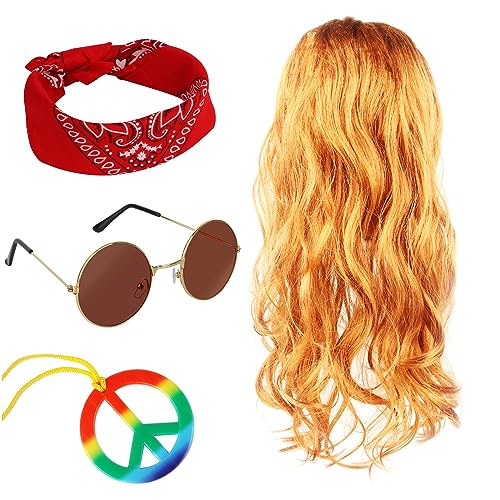 MXTIMWAN 4 Stück Hippie Kostüm Set, Hippie Accessoires Set mit Sonnenbrillen, Halskette, Perücke und Stirnband, Jahre Retro Zubehör für 60er 70er Jahre Themenparty von MXTIMWAN