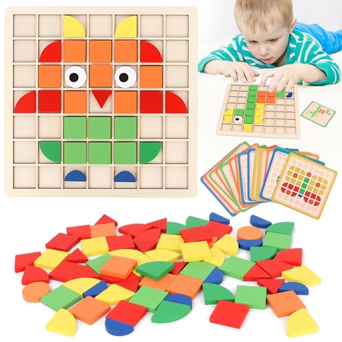 MXTIMWAN Montessori Spielzeug ab 3 4 5 6 Jahre, 120PCS Holz Mosaik Puzzle mit 20 Beidseitige Karten, Kinder Geometrische Formen Holzpuzzles für Mädchen, Jungen von MXTIMWAN