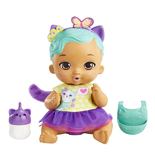 My Garden Baby HHL22 - Katzen-Baby Puppe (blaue Haare) mit Katzenohren und süßem Jasmin-Duft, inklusive Lätzchen, Fläschchen und Stoffwindel, Spielzeug für Kinder ab 3 Jahren von Mattel