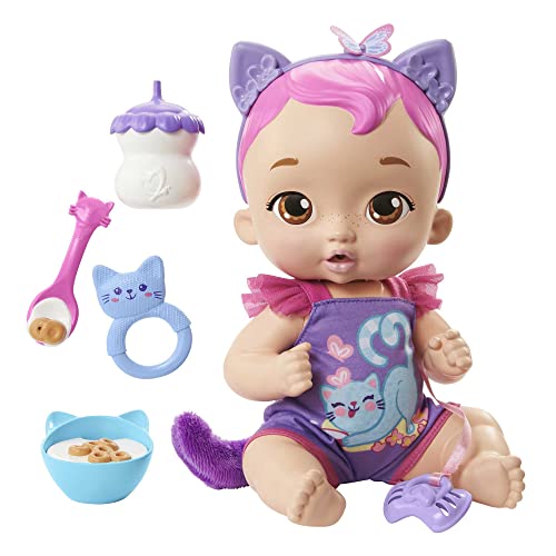 My Garden Baby HHP28 - Katzen-Baby Puppe (blaue Haare) mit Katzenohren und mehr als 20 Geräuschen, inkl. 5 Zubehör-Teile, interaktives Spielzeug für Kinder ab 3 Jahren von Mattel