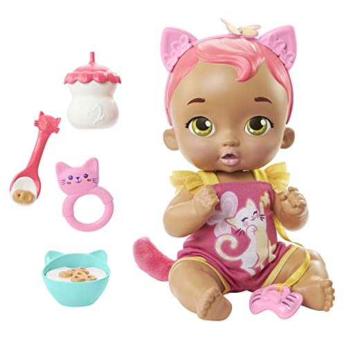 My Garden Baby HHP29 - Interaktive Katzen-Baby Puppe (pinke Haare) mit Katzenohren, mehr als 20 Geräusche wie ein echtes Baby, inklusive 5 Zubehör-Teile, Spielzeug für Kinder ab 2 Jahren von Mattel