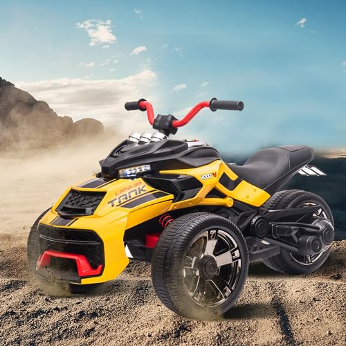 Kinder Elektrofahrzeuge, 12V dreirädriges Elektro-Motorrad, dreirädriges Elektroauto mit 2 25-Watt-Motoren, USB-Bluetooth, Cooles Licht, Kindermotorrad Kinderauto Elektroauto, Gelb von MYBOO