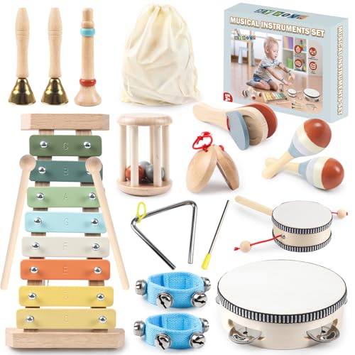 11 in 1 Toddler Musical Instruments Set, Neutral Colours Montessori Wooden Musical Instruments for Toddlers, Percussion-Instrumente für 1-3 Jährige Kinder, Kinderspielzeug Geschenke für Kleinkinder von MYDOVA