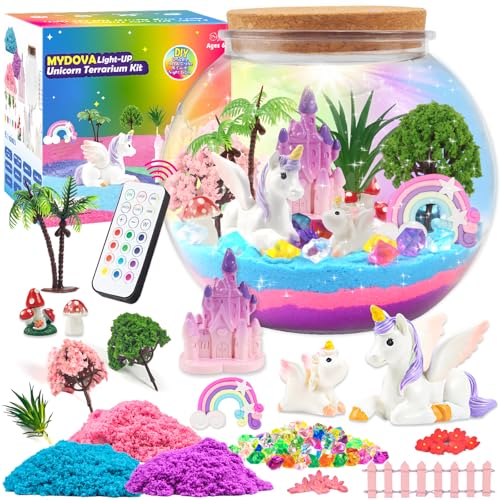 Einhorn Geschenke für Mädchen, DIY Einhorn Terrarium Bastelset mit Timing Fernbedienung und farbigen Lichtern, Nachtlicht Selber Basteln Kinder, Einhorn Feengarten Bastelset, Kinder Geschenk Mädchen von MYDOVA