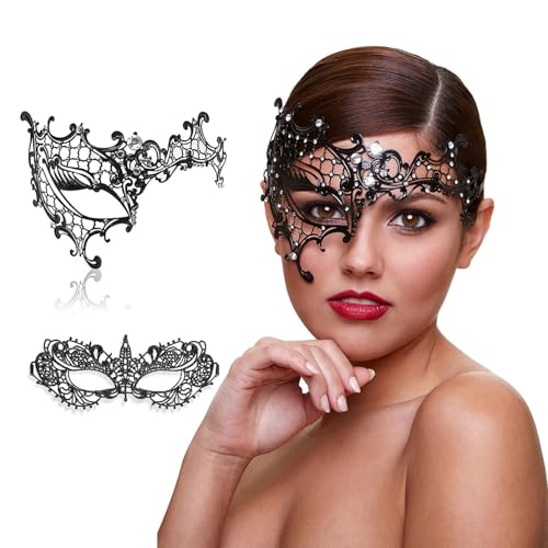 MYMENU Maskerade-Maske für Paare, Frauen, Metall, Strass, venezianische Party, Abend, Abschlussball, Ball (schwarzes halbes Gesicht + schwarze Spitze) von MYMENU