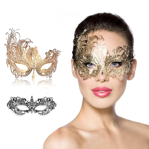 MYMENU Maskerade Maske für Paare Frauen Metall Strass venezianische Party Abend Abschlussball Ball (Gold Phoenix + Schwarze Spitze) von MYMENU