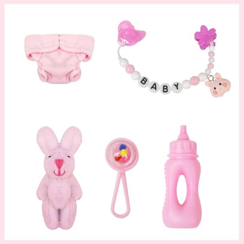 17,8 cm Silikon-Puppen-Schnullerkette mit Mini-Flasche und Plüschpuppe, Rasseln, Spielzeugpuppenwindeln, für Reborn Mini-Babypuppe, Fütterungsspielzeug, Zubehör für Kinder, Geschenk, Rosa von MYREBABY