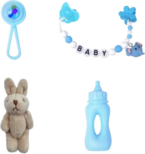 17,8 cm Silikonpuppe Schnullerkette mit Mini-Flasche und Plüschpuppe Rasseln Spielzeug für Reborn Mini-Babypuppe Fütterungsspielzeug Zubehör für Kinder Geschenk Blau von MYREBABY