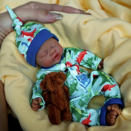 MYREBABY 17.8 cm Reborn Babypuppe Ganzkörper Silikon Miniatur Realistische Neugeborene Puppen Lebensechte Schlafaugen Geschlossene Baby Junge Schwarz mit Geschenkbox für Alter 3+ (Blau) von MYREBABY