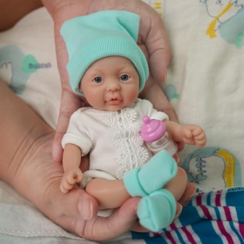 MYREBABY 7 Zoll Cute Mini Silikon Baby Mädchen Reborn Babypuppen Silikon Ganzkörper Realistische Neugeborene Babypuppe mit Fütterungszubehör von MYREBABY