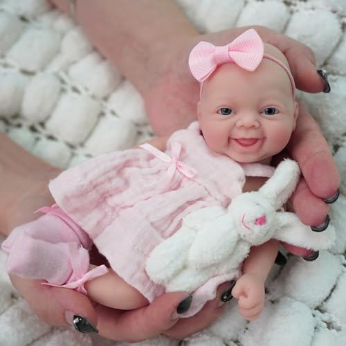 MYREBABY Micro Reborn Babypuppe, Silikon, Ganzkörper-Puppe, 17,8 cm, realistische Neugeborenen-Puppe, lebensechte Augen, offenes Lächeln, Baby-Mädchen, sieht echte Puppen aus, rosa mit Geschenk-Box, von MYREBABY