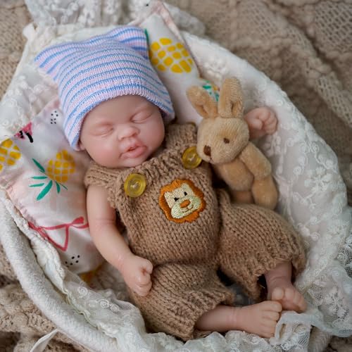 MYREBABY Mini Reborn Babypuppe, Silikon, Ganzkörper-Puppe, 17,8 cm, realistische Neugeborenen-Puppe, sieht echt aus, schlafendes Baby, schwarzer Junge mit Geschenk-Box, für Kinder ab 3 Jahren von MYREBABY