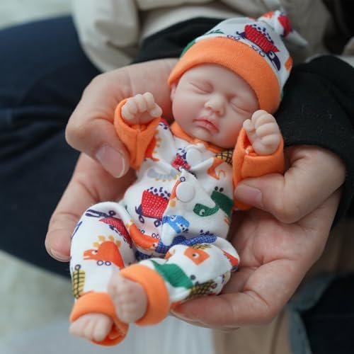 MYREBABY Miniatur Reborn Babypuppe 17,8 cm Silikon Ganzkörper Realistische Neugeborene Geschlossene Augen Schlafender Junge Der Look Echte Babys Weiche Anti-Stress-Puppe Orange von MYREBABY