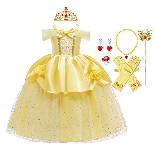 MYRISAM Mädchen Kostüm Belle Prinzessin Kleid Karneval Weihnachten Halloween Cosplay Verkleidung Schulterfrei Partykleid Geburtstag Hochzeit Lang Tüll Ballkleid mit Accessoires 5-6 von MYRISAM