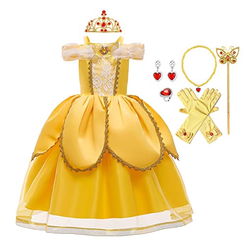 MYRISAM Mädchen Kostüm Belle Prinzessin Kleid Karneval Weihnachten Halloween Cosplay Verkleidung Schulterfrei Partykleid Geburtstag Hochzeit Lang Tüll Ballkleid mit Accessoires 5 Jahre von MYRISAM