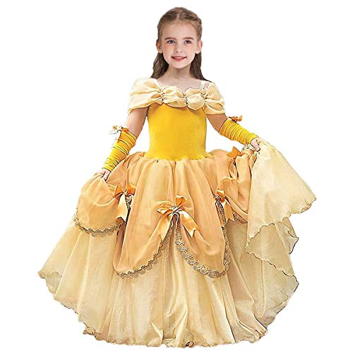 MYRISAM Mädchen Kostüm Belle Prinzessin Kleid Karneval Weihnachten Halloween Cosplay Verkleidung Schulterfrei Partykleid Geburtstag Hochzeit Lang Tüll Ballkleid mit Armstulpen 6-7 von MYRISAM