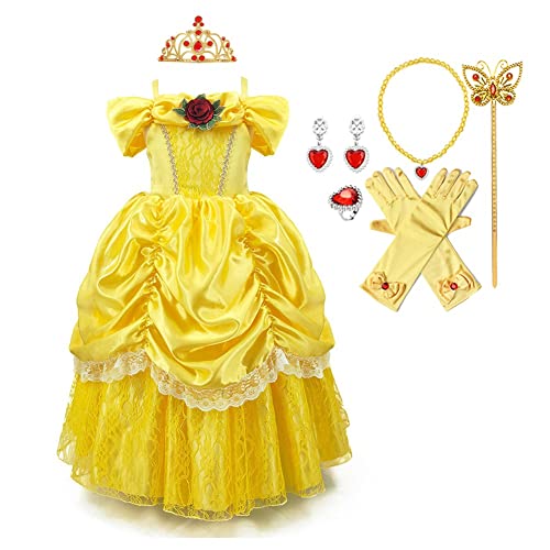 MYRISAM Mädchen Kostüm Belle Prinzessin Kleid Karneval Weihnachten Halloween Verkleidung Schulterfrei Partykleid Geburtstag Hochzeit Lang Tüll Ballkleid mit Accessoires 4-5 Jahre von MYRISAM