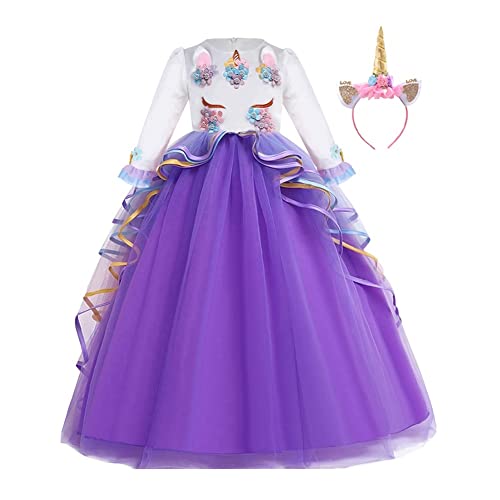 MYRISAM Prinzessin Mädchen Einhorn Langarm Kleid mit Stirnband Kinder Karnevals Kostüm Outfits Geburtstag Hochzeit Festzug Weihnachten Halloween Fotografie Lange Tüll Ballkleider Violett 4-5 von MYRISAM