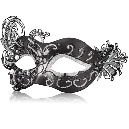 MYSEUNI 2024 Neue schwarze und silberne Maskerade Maske für Frauen - Schwarz Silber venezianische Maske für Maskerade Ball Party, Halloween, Abschlussball, Karneval & Karneval von MYSEUNI