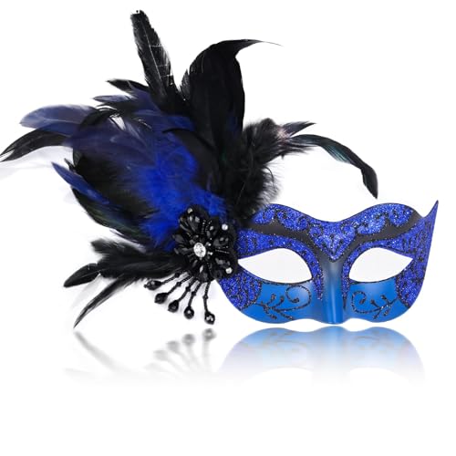 MYSEUNI 2025 Neue blaue und schwarze Maskerade-Maske für Damen mit Federn – venezianische Maske für Maskerade-Party, Karneval, Halloween, Cosplay, Abschlussball, Weihnachten von MYSEUNI