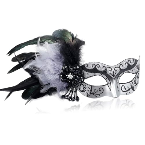 MYSEUNI 2024 Silberne Damen-Maskenmaske mit Federn – venezianische Maske für Maskerade-Party, Karneval, Halloween, Cosplay, Abschlussball, Weihnachten von MYSEUNI