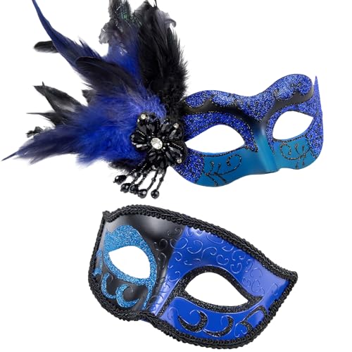 MYSEUNI 2024 Feder-Maskenmaske für Paare, blau, Maskenball-Maske für Damen – Herren und Damen, Maskerade-Kostüm für Halloween, Karneval, Cosplay-Party von MYSEUNI