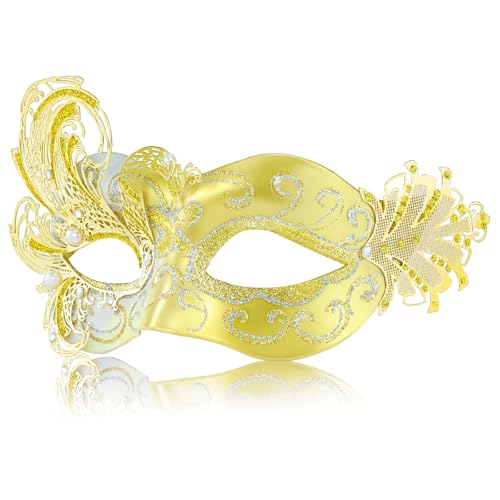 MYSEUNI Goldfarbene Maskerade-Maske für Damen, Schmetterlingsparty-Masken für Erwachsene, Pfauen-Metall, filigrane venezianische Maske, perfekt für Halloween-Partys, Kostümpartys, Karneval, Hochzeit von MYSEUNI