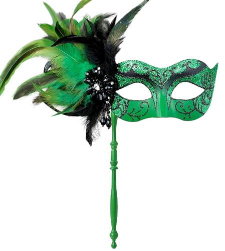 MYSEUNI 2024 Neue Grüne Maskerade Maske für Frauen mit Stick-Glänzende Damen Feder Karneval Grün Halloween Party Cosplay Abschlussball Weihnachten Hochzeit Bar Kostüm Zubehör, Einheitsgröße von MYSEUNI