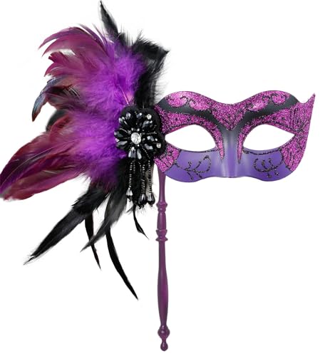 MYSEUNI 2024 Neue Lila Maskerade Maske für Frauen mit Stab - Glänzende Damen Feder Lila Karneval Maske für Halloween Party Karneval Cosplay Abschlussball Weihnachten Hochzeit Bar Kostüm Zubehör von MYSEUNI