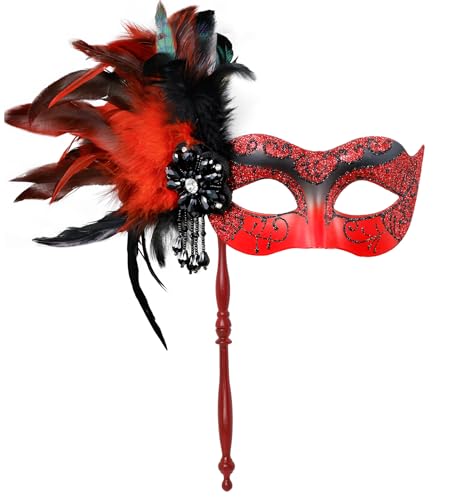 MYSEUNI 2025 Neue Rote Maskerade Maske für Frauen mit Haltestab - Glänzende Damen Feder Rot Karneval Maske für Halloween Party Karneval Cosplay Abschlussball Weihnachten Hochzeit Bar Kostüm Zubehör von MYSEUNI