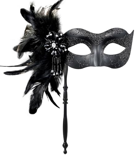 MYSEUNI 2024 Neue Schwarze Maskerade Maske mit Stab - Glänzende Damen Feder Karneval Venezianische Maske für Halloween Party Karneval Cosplay Abschlussball Weihnachten Hochzeit Bar Kostüm Zubehör von MYSEUNI