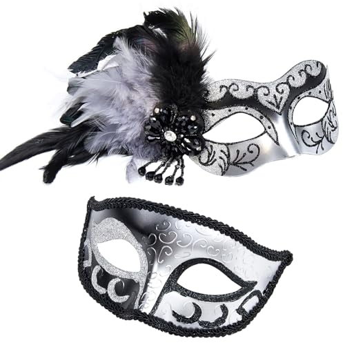 MYSEUNI 2024 Neue silberne Maskerade Maske mit Feder für Paare - Venezianische Maskerade Maske für Damen & Herren Karneval Halloween Kostüm Maske von MYSEUNI