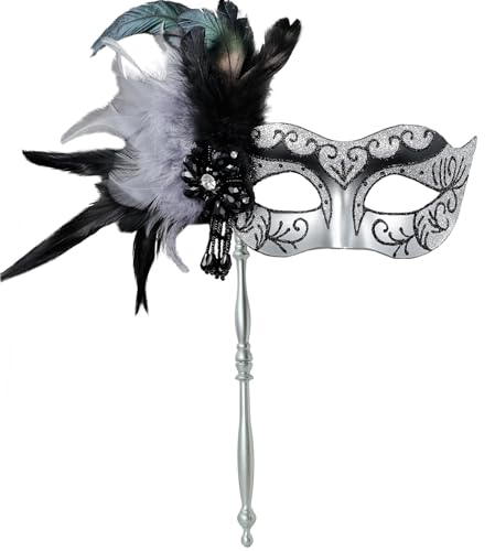 MYSEUNI Silberne Masken Masken mit Stiel, Glänzende Mardi Gras venezianische Maske für Frauen Halloween Party Karneval Cosplay Prom Weihnachten Hochzeit Bar Kostüm Zubehör von MYSEUNI