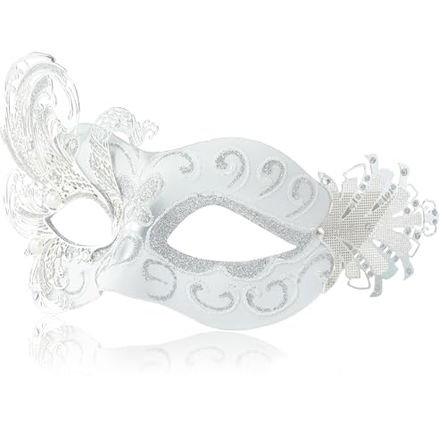 MYSEUNI 2024 Neue weiße Maskerade Maske für Damen - Pfau Metall Maskerade Venezianische Maske Silber - Maske für Frauen Schmetterling - Karneval, Halloween Partys, Kostümparty, Karneval, Hochzeit von MYSEUNI