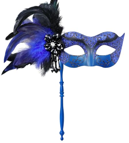 MYSEUNI 2025 Neue Blaue und Schwarze Maskerade Maske für Frauen mit Stab - Glänzende Damen Feder Karneval Venezianische Maske für Halloween Partys Karneval Abschlussball Weihnachten Hochzeit Bar von MYSEUNI