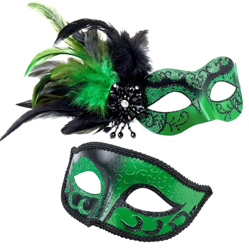 MYSEUNI 2024 Neue grüne Maskerade-Maske mit Federn – Paar-Maske für Damen und Herren, Kostüm, Maske für Halloween, Karneval, Cosplay, Party, Ball, Abschlussball von MYSEUNI