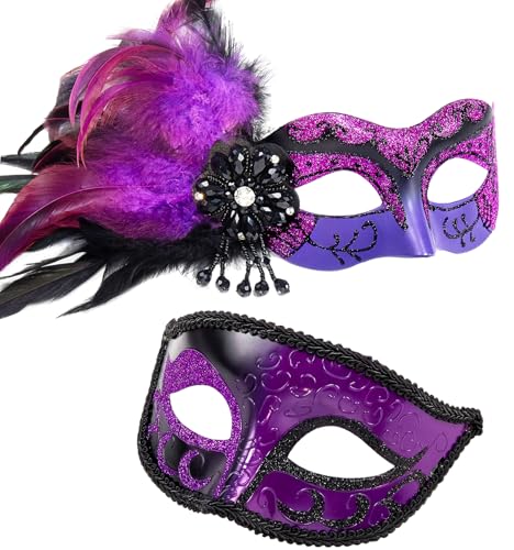 MYSEUNI 2024 Neue lila Maskerade Maske mit Federpaar – Damen und Herren Party Masken für Erwachsene Maskerade – Frauenkostümmaske für Karneval, Cosplay-Party von MYSEUNI