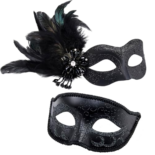 MYSEUNI 2025 Neue Schwarze Maskerade Maske für Paare - Damen & Herren Venetianische Maske mit Feder, Karneval & Halloween, Unisex, Erwachsene von MYSEUNI